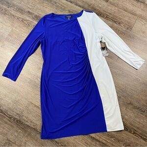 KASPER Midi Dress Women 2X Blue White Ruched Side Stretch Lined Careerwear